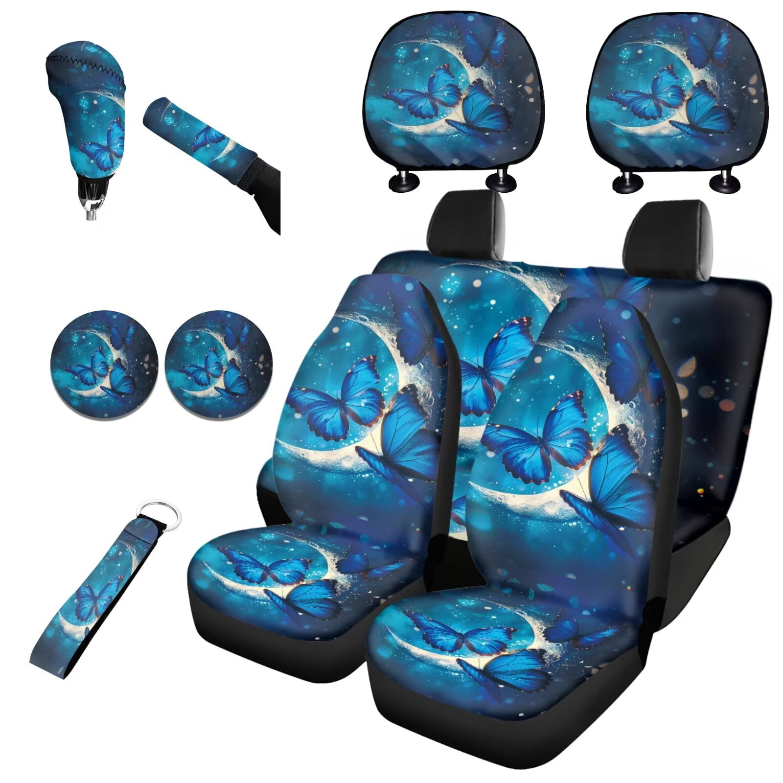 Jeiento Butterfly Moon Car Seat Covers Full Set with Headrest Cover, Gear Shift Cover, Handbrake Cover, Keychain Holder, Cup Coasters, 11 Piece Auto Interior Accessories, Blue
