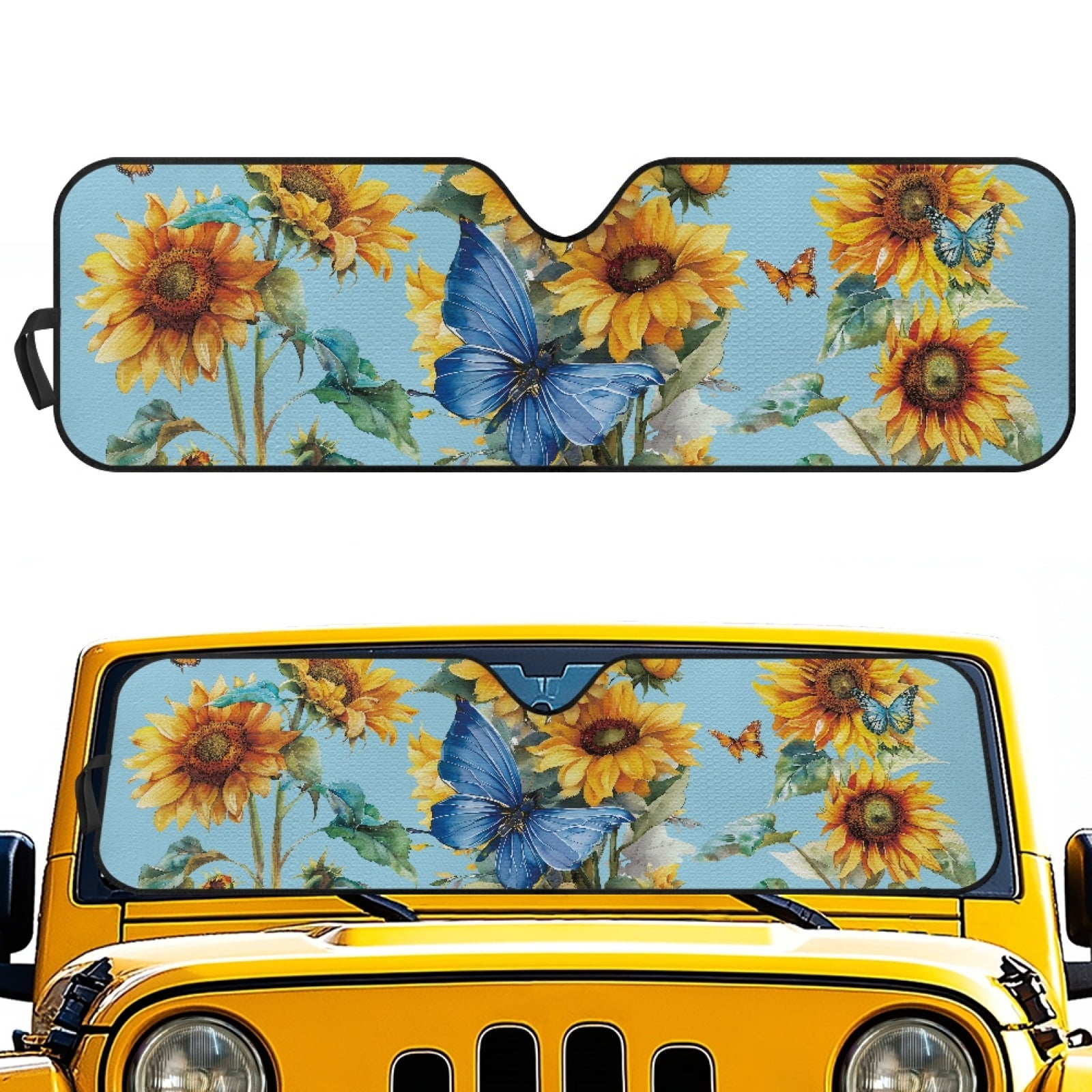 Jeiento Butterfly Sunflower Windshield Sun Shade Compatible with 2007-2024 Wrangler Rubicon Sahara TJ JK JKU 2 & 4 Door Car Sun Shade Sun Visor Protector Keep Your Vehicle Cool