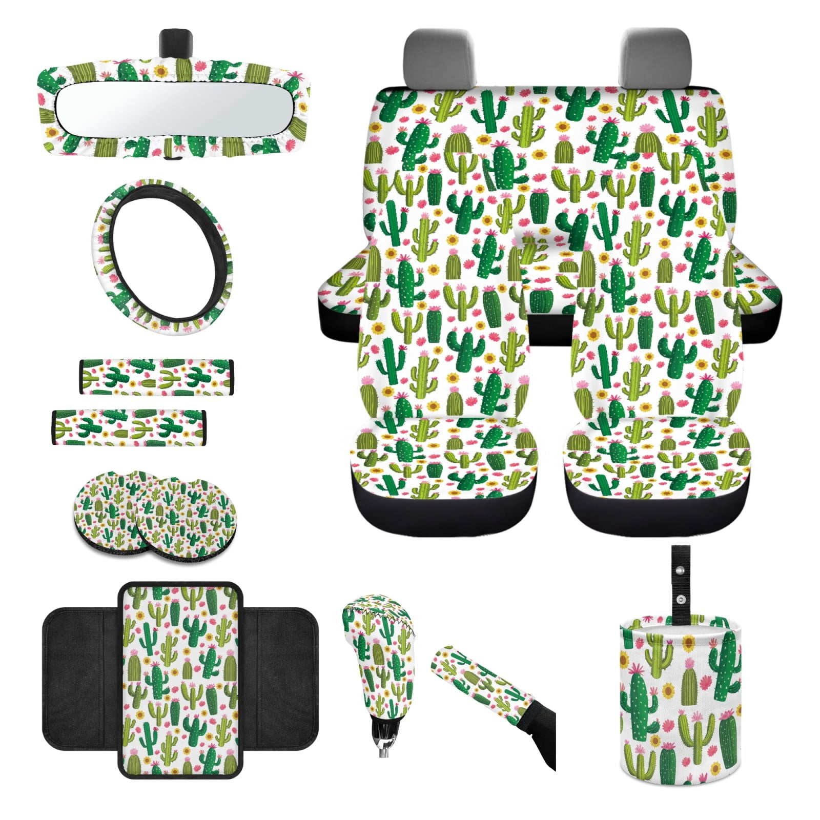 Jeiento Cactus Car Seat Cover for Women Men with Steering Wheel Cover Seatbelt Pads Handbrake Cover Gear Shift Knob Cover Trash Can Armrest Cover Rearview Mirror Cover Coasters 14pcs Auto Accessory