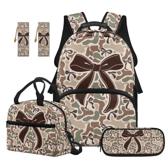 Jeiento Camo Bow Girls Backpack Set With Lunch Box Pencil Case 4-Piece 17 Inch Water-Resistant Polyester School Bag with Padded Straps, for Elementary Kids Back to School