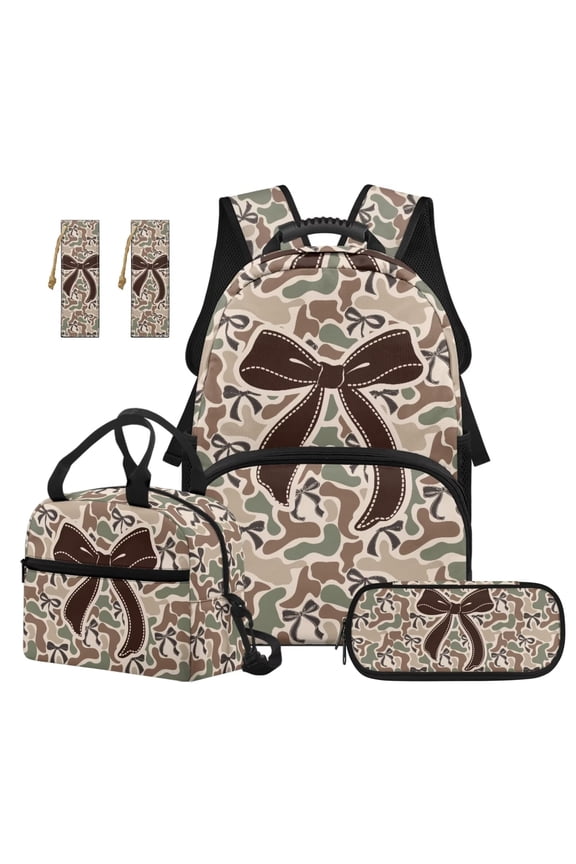 Camo Bow Girls Backpack Set With Lunch Box Pencil Case 4-Piece 17 Inch Water-Resistant Polyester School Bag with Padded Straps, for Elementary Kids Back to School