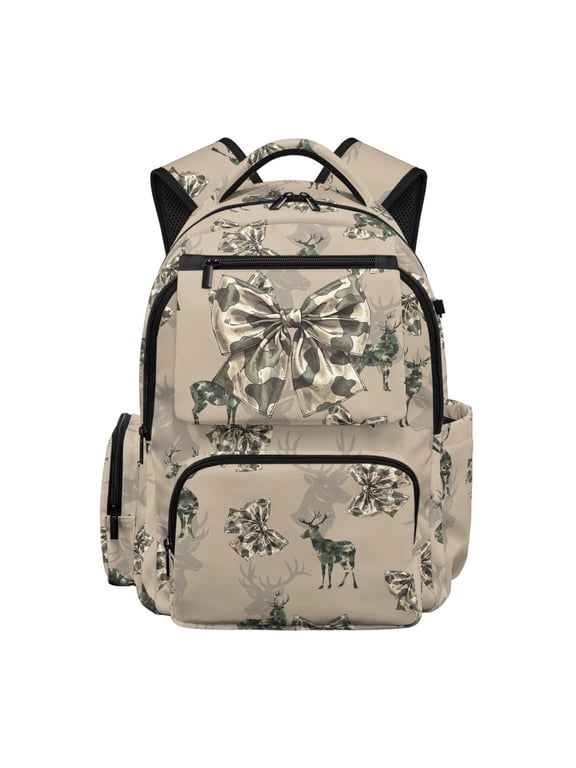 Camo Deer Bow Kids School Backpack for Boys 17 Inch Cute Hunting School Bag Khaki Lightweight Elementary Backpack with Padded Laptop Sleeve & Multi-Pockets for Elementary Ages 9-12