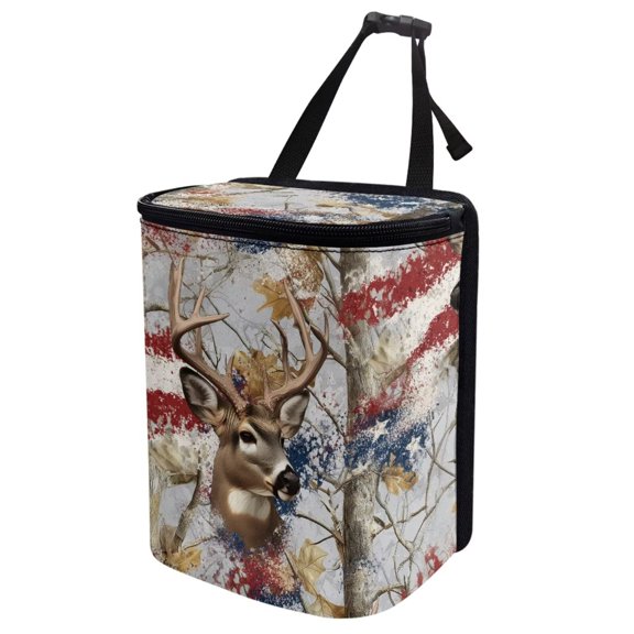 Jeiento Camo Deer Car Trash Can with Lid US Flag Garbage Can with Adjustable Straps Trash Bin for Car Automotive Interior Accessories Storage Bag