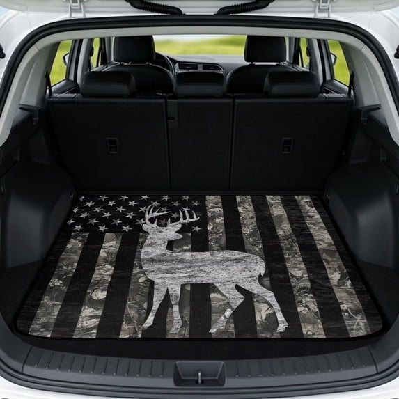 Jeiento Camo Deer USA Flag Car Trunk Mat 29"x39", All Weather Anti-Scratch Cargo Liner for Outdoor Hunting Travel SUV Sedan