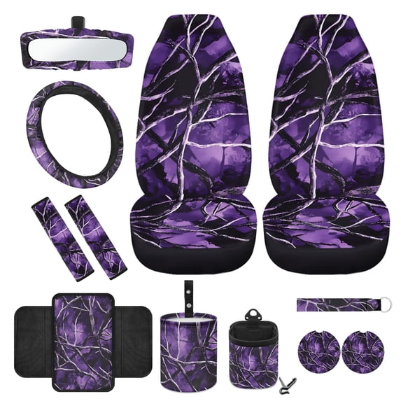 Jeiento Camo Hunting 12 PCS Car Accessories Front Car Seat Covers Set Steering Wheel Seat Belt Covers Armrest Pad Purple Trash Bin Sunglass Pocket Rear View Mirror Cover Cup Coasters Key Chain