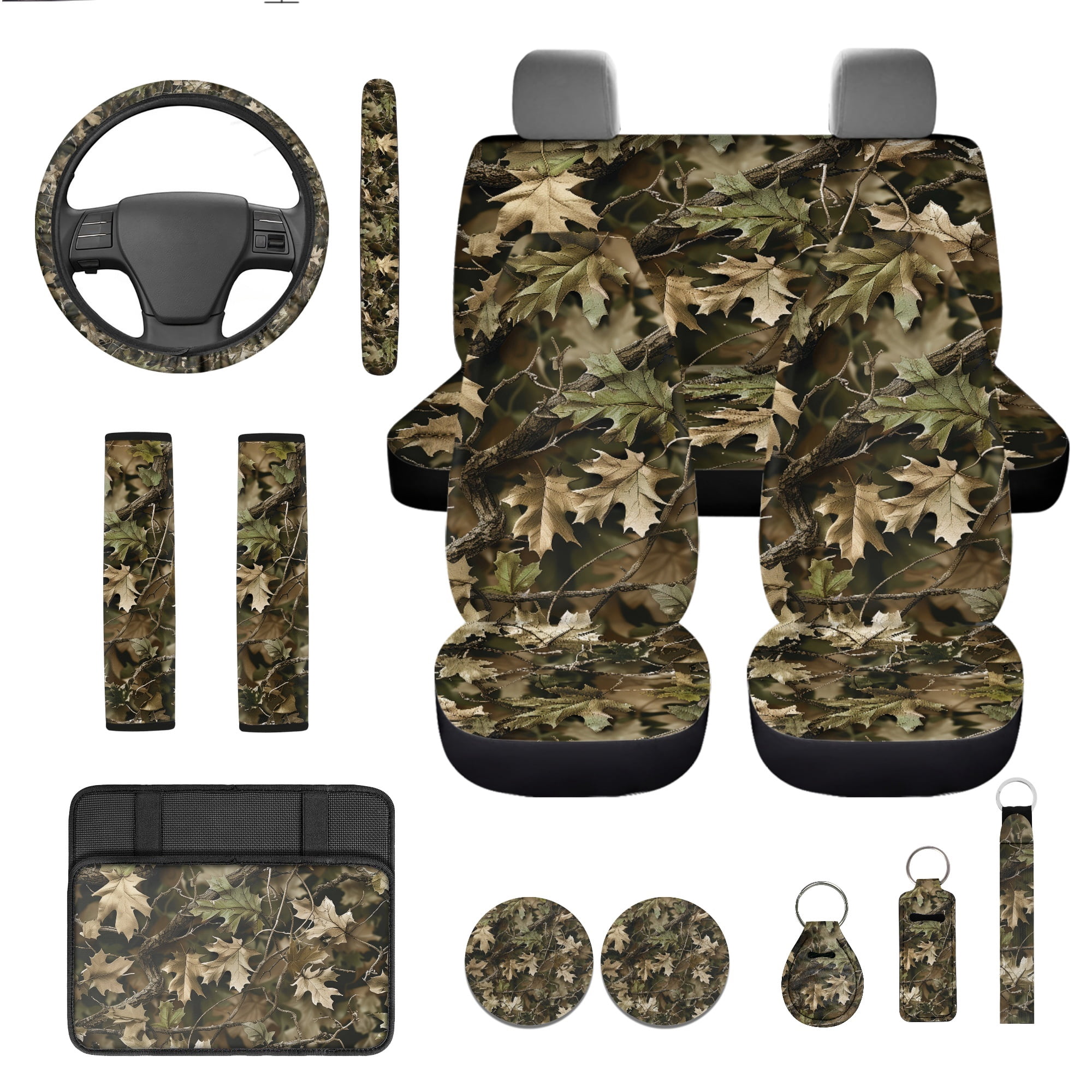 Jeiento Camo Hunting 13 PCS Car Seat Covers Full Set with Steering Wheel Cover Seat Belt Pads Armrest Cushion Woodland Forest Tree Coasters Keychain Lipstick Holder Auto Accessory Sets
