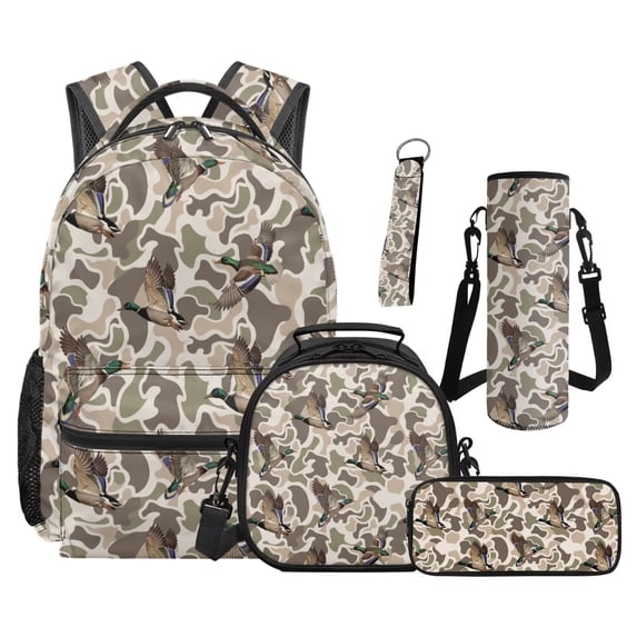 Jeiento Camo Hunting Backpack Set of 5 Duck 17 Inch Soft Backpack with Lunch Bag Pencil Pouch for 9-12 Years Old Elementary to Middle School Gift for Brother