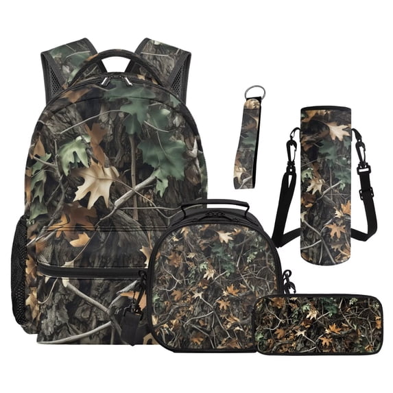 Jeiento Camo Hunting Branch Backpack Set 5 Pcs 17 Inch Lightweight Backpack with Lunch Bag Pencil Pouch for 9-12 Years Old Middle School Cool School Bags Set