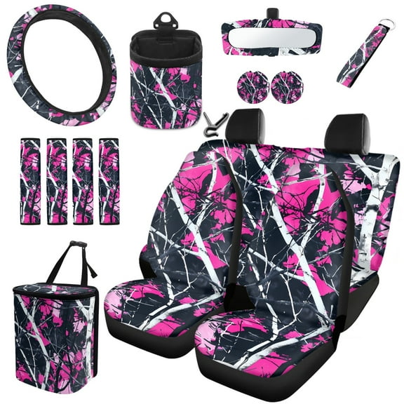 Jeiento Camo Hunting Car Seat Cover Set Purple Steering Wheel Cover Car Seat Belt Pads Trash Bin Hanging Storage Organizer Rearview Mirror Cover Cup Holder Wrist Key Chain 15 PCS