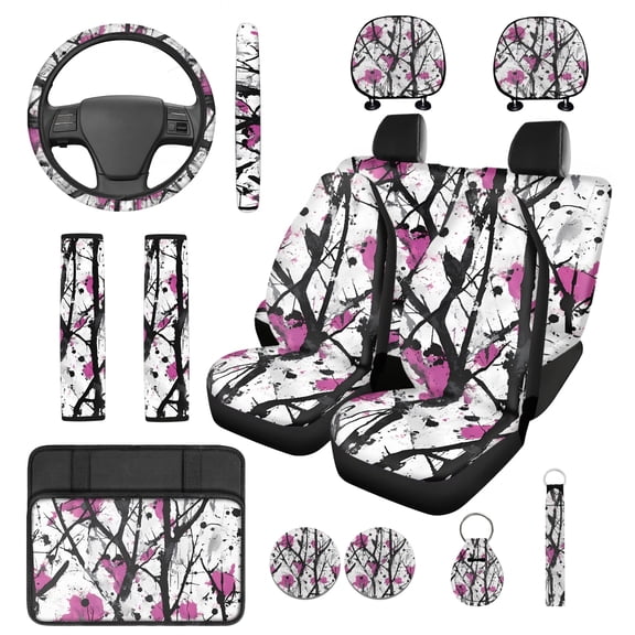 Jeiento Camo Hunting Car Seat Covers Full Set with Steering Wheel Cover Safe Belt Pads Headrest Covers Coasters Key Ring Car Center Console Cover Fit for SUV Van, 14 Pack