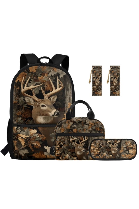 Camo Hunting Deer Kids Backpack Set of 5 for Boys Lightweight School Bag with Lunch Bag, Pencil Case and Bookmarks Breathable School Backpack for 9-12 Years Old