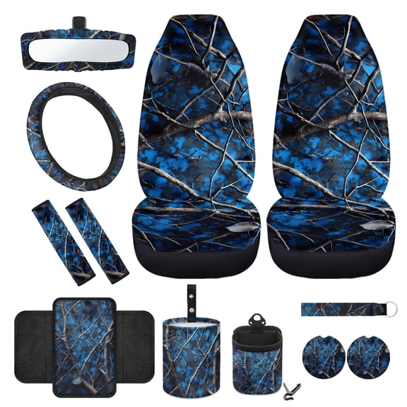 Jeiento Camo Hunting Front Car Seat Cover Full Set 12 PCS, with Steering Wheel Seat Belt Cover Armrest Mat Trash Bag Air Vent Bag Rear View Mirror Cover Coasters Blue Key Chain Car Decor