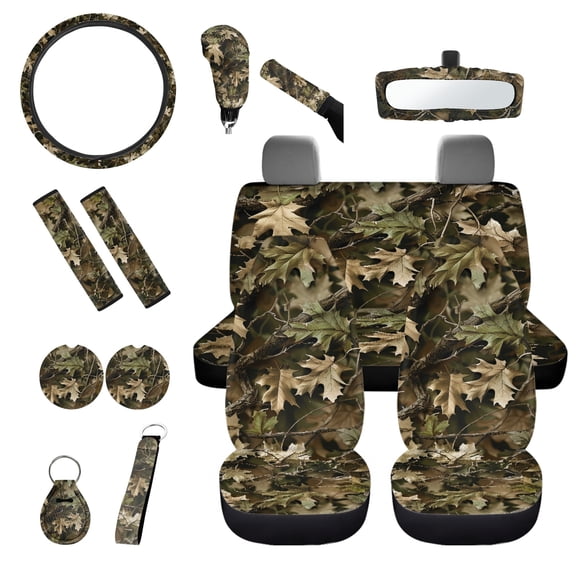 Jeiento Camo Hunting Wood Car Accessories Set 14 Pieces Car Seat Covers Full Set Includes Matching Seat Belt Pads Steering Wheel Cover Rearview Mirror Cover Coasters Shift Handbrake Cover Keychains