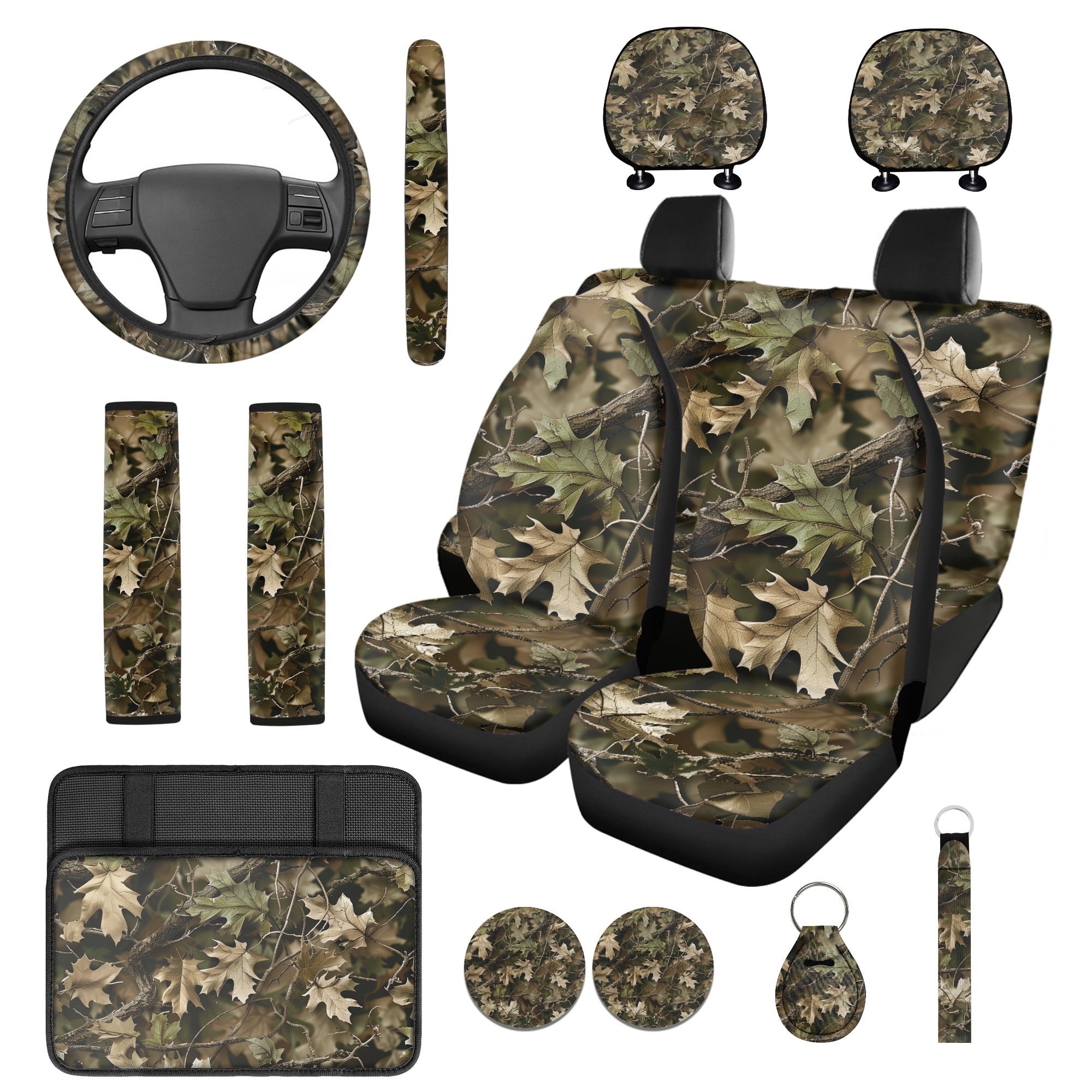 Jeiento Camo Oak 14 PCS Car Seat Covers and Steering Wheel Cover Seatbelt Strap Pad Armrest Cover Pad Hunting Wood Headrest Cover Cup Coasters Key Ring Auto Accessory Sets Interior Decor