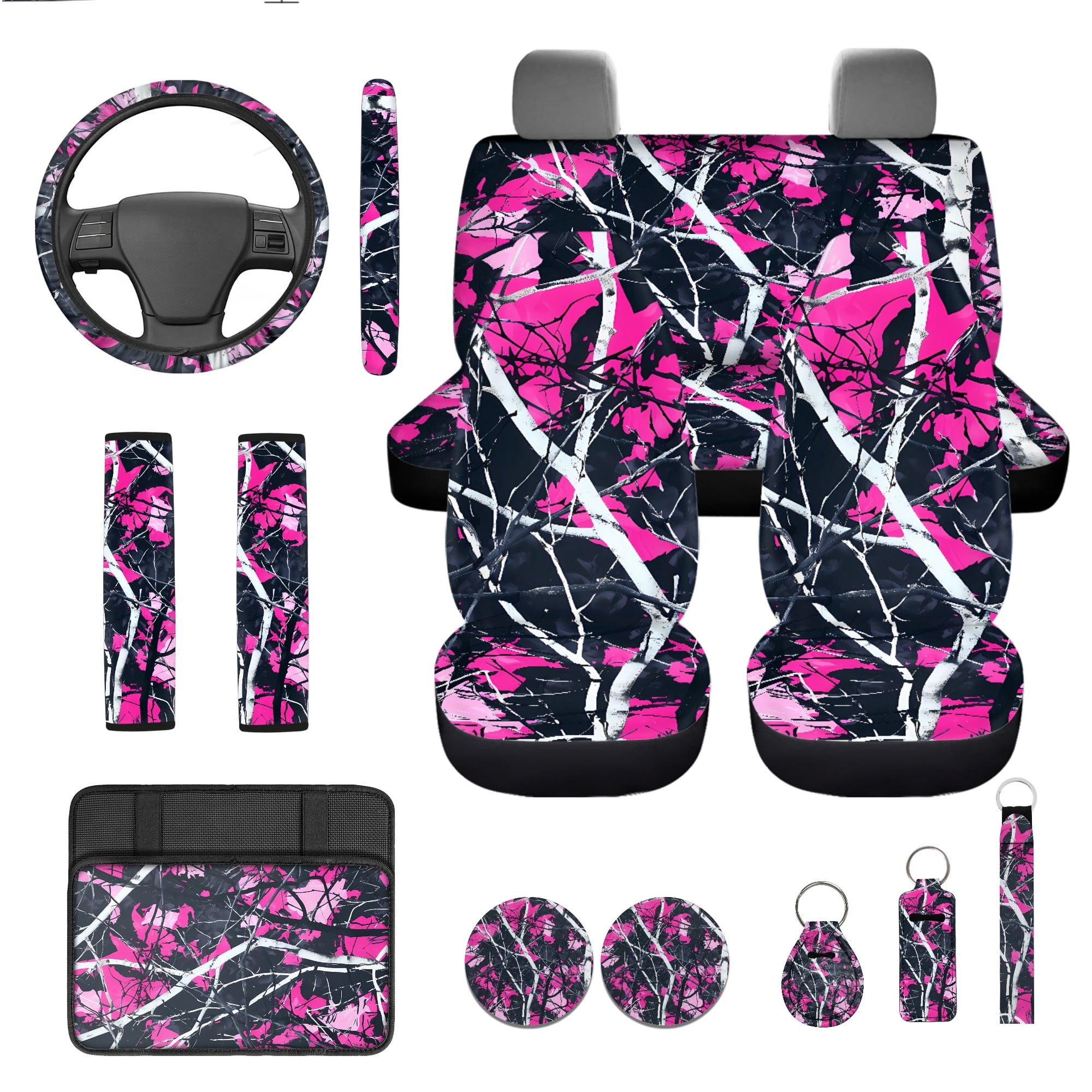Jeiento Camo Oak Hunting Wood Car Seat Cover Full Set with Steering Wheel Cover Seat Belt Strap Pads Armrest Pad Coasters Keychain Lipstick Holder Pink 13 PCS Automobile Accessory Interior Decor