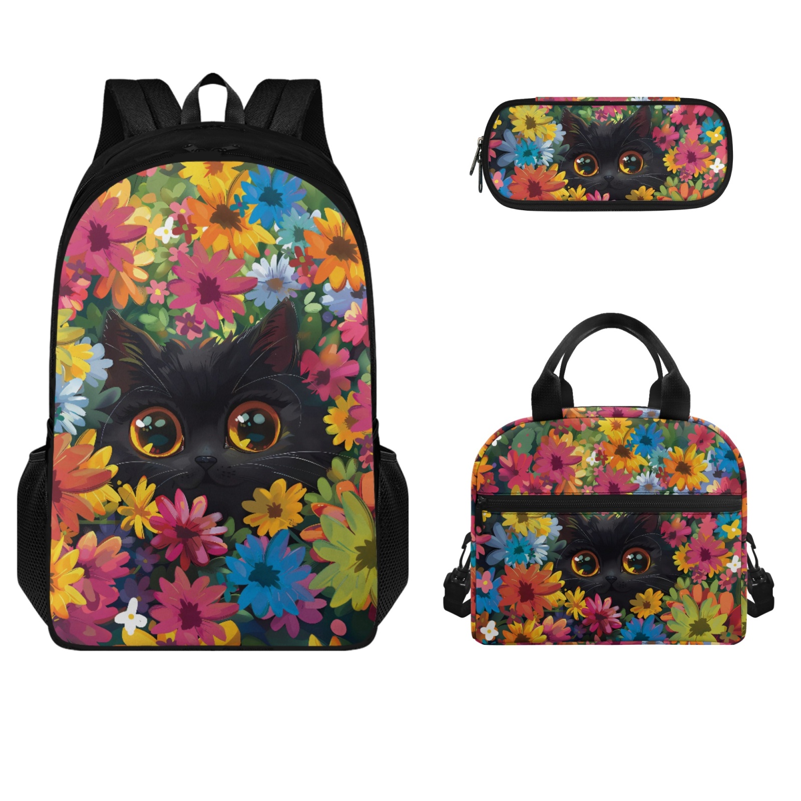 Jeiento Campus Senior Backpack for Girls Cute Cat in Flowers Elementary