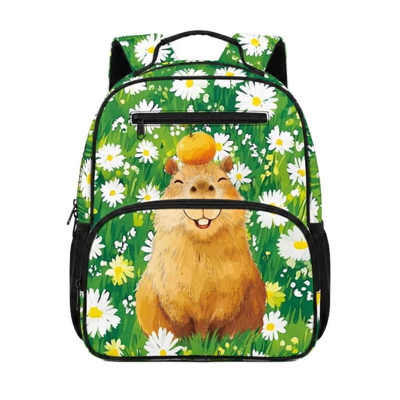 Jeiento Capybara 13.5 Inch Kids Preschool Backpack for Toddler, Daisy Lightweight School Bag for 2-5 Year Old, Polyester Bookbag with 2 Front & 2 Mesh Sides