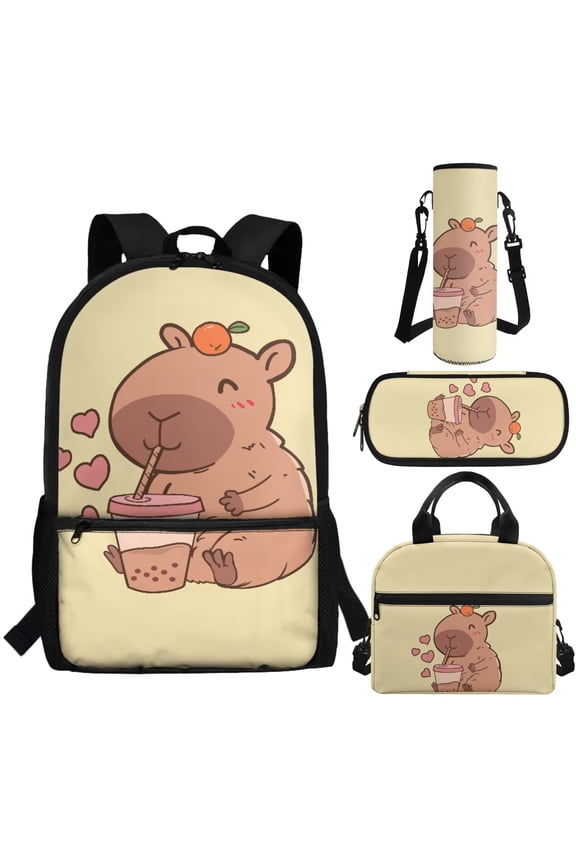 Capybara Backpack for School Girls 3rd/4th/5th Grade Kids Bookbag with Lunch Box and Pencil Case Water Bottle Holder Yellow Elementary School Bags Preschool Back Packs Satchel