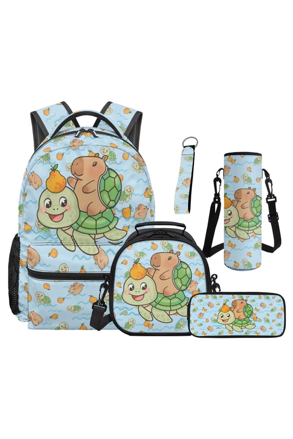 Capybara Backpack Set of 5 Turtle 17 Inch Soft Backpack with Lunch Bag Pencil Pouch for 9-12 Years Old Elementary to Middle School Gift for Sister