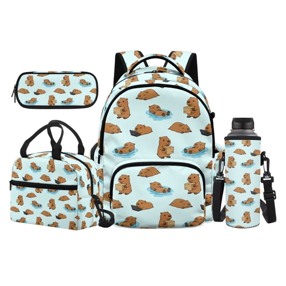 Jeiento Capybara Boys School Backpack Set 4-Piece 17 Inch Lunch Bag Pencil Case Water Bottle Holder Lightweight Large Capacity for Kids Teenagers Elementary Middle School Students, Blue