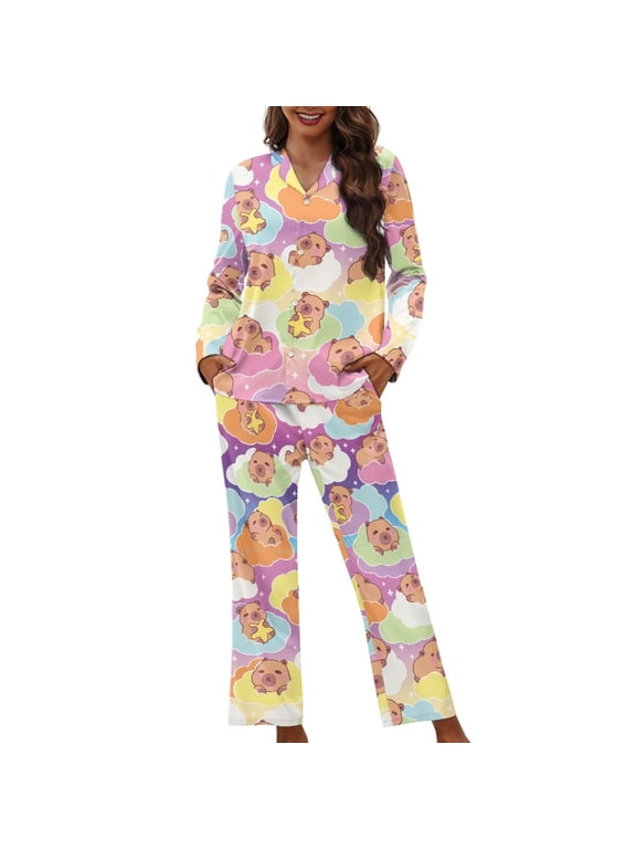Capybara Pajama Sets for Women 2 Piece Thermsal Winter Sleepwear Set Soft Breathable Stretchy Sleep Set with Long Pants