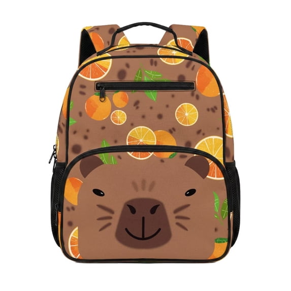 Jeiento Capybara Toddler Backpack for Boys 2-5, 13.5 Inch Preschool School Bag, Orange Lightweight Kids Backpack for Daycare with 2 Front & 2 Mesh Side Pockets