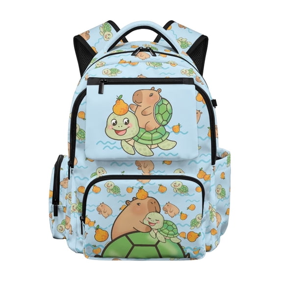 Jeiento Capybara Turtle School Backpack for Boys Aged 8-12 17 Inch Large Capacity School Bag Water-Resistant Polyester Bag with Adjustable Padded Straps for Elementary School