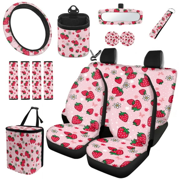 Jeiento Car Accessories Pink Strawberry Car Seat Cover Full Set Include Cup Coasters Key Chain Rearview Mirror Cover Trash Can Steering Wheel Covers and Seatbelt Pads Car Interior Decor