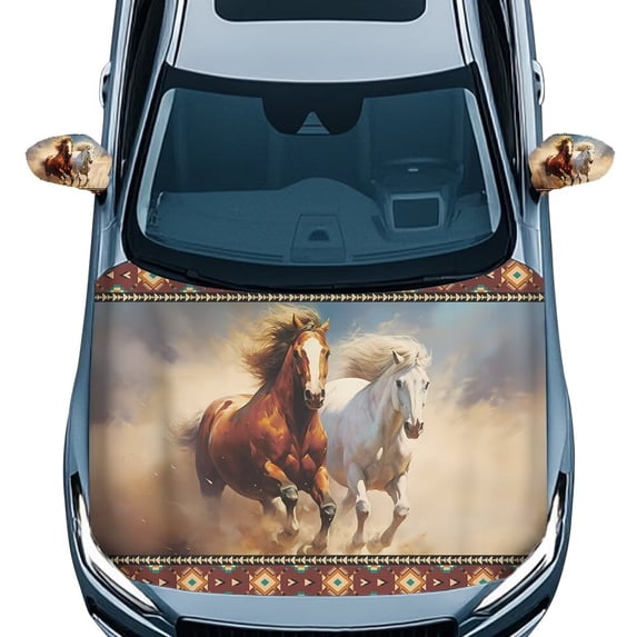 Jeiento Car Hood Cover with Side View Mirror Cover Navajo Horse Car Hood Protector Sturdy Fabric Exterior Rear View Accessories with Two Buckles Suitable for Sedan
