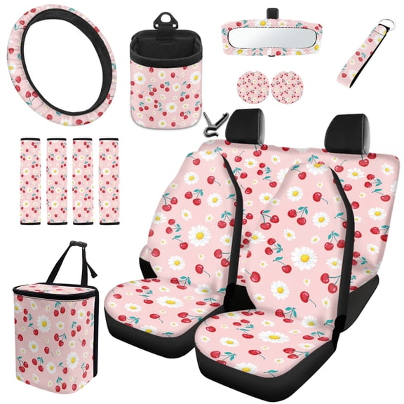 Jeiento Car Seat Cover Front Back Seat Protector Pink with Steering Wheel Cover+Seat Belt Pad+Trash Can+Air Vent Storage Bag+Keychain+Rear View Mirror Cover+Cup Coaster for Car SUV Cherry Daisy Print