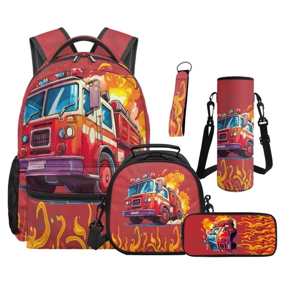 Jeiento Cartoon Backpack Set 5 Pcs Truck 17 Inch Waterproof Backpack with Lunch Bag Pencil Pouch for 9-12 Years Old Middle School Cute Kids School Bags