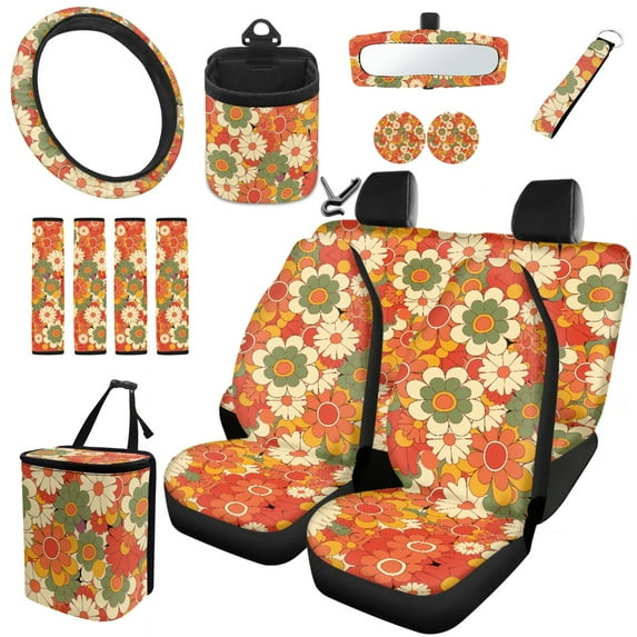 Jeiento Cartoon Daisy Floral ar Seat Cover with Steering Wheel Cover,Keychains,Coaster,Rearview Mirror Cover,Trash Can,Air Vent Storage Holder,Seat Belt Pads for Most Cars, SUVs, Sedans, Vans