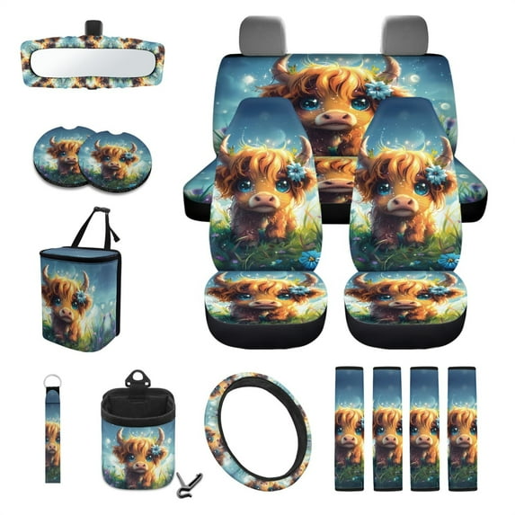Jeiento Cartoon Highland Cow Car Seat Cover Set, with Steering Wheel Cover Seat Belt Covers Trash Bag Air Vent Holder Rear View Mirror Cover Cup Coasters Key Chain Auto Interior Accessories 15 PCS