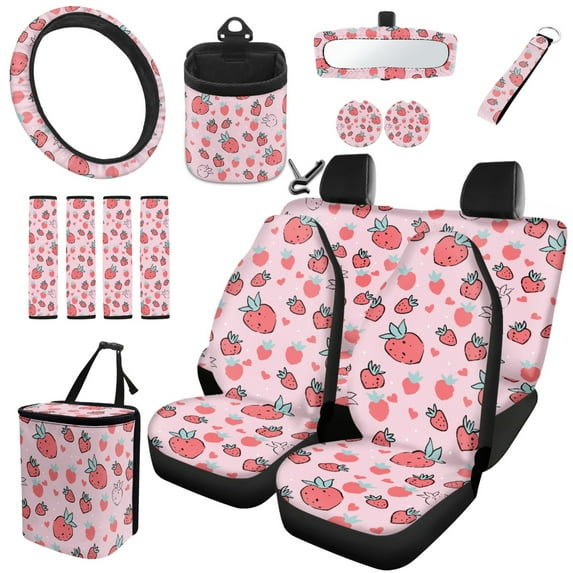 Jeiento Cartoon Strawberry 15 PCS Car Seat Cover Set with Rear View Mirror Protector Air Vent Phone Holder Steering Wheel Cover Seat Belt Strap Protector Trash Can Coaster Keychain Pink