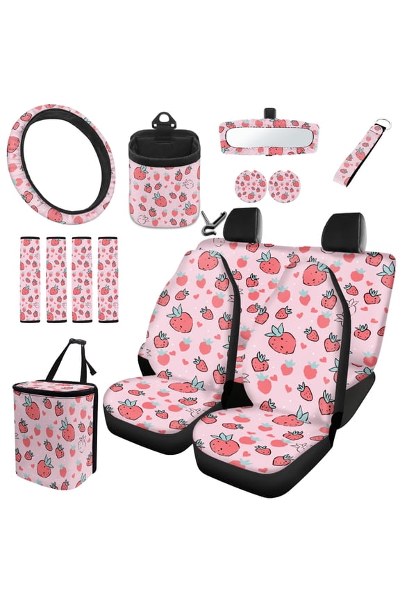 Cartoon Strawberry 15 PCS Car Seat Cover Set with Rear View Mirror Protector Air Vent Phone Holder Steering Wheel Cover Seat Belt Strap Protector Trash Can Coaster Keychain Pink