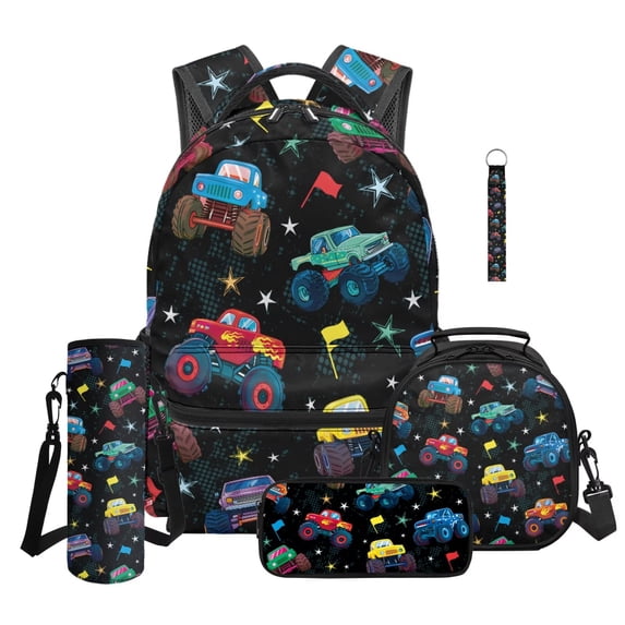 Jeiento Cartoon Truck Backpack And Lunch Box Set for Boys, 5 Piece Kids Elementary School Supplies with Pencil Case, Water Bottle Holder, Keychain, 16 Inch Daypack