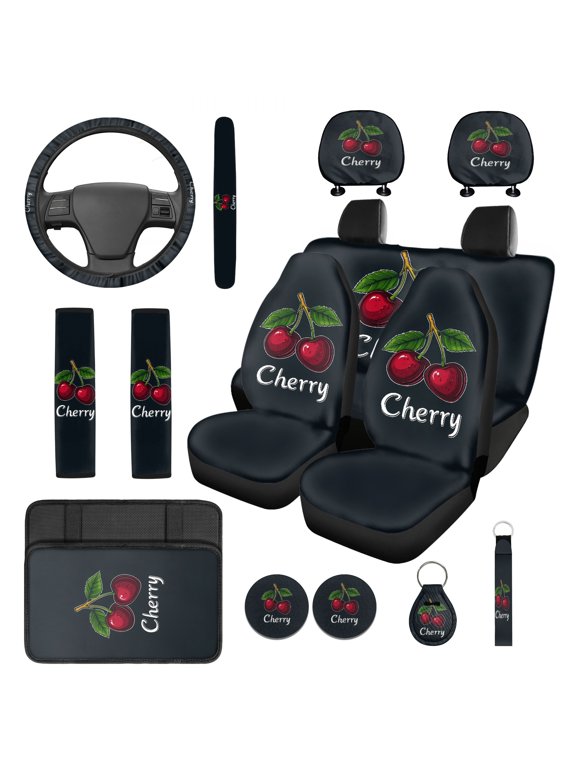Cherry 14 Pack Car Seat Covers Full Set Steering Wheel Cover Seat Belt Pads Center Console Cover Headrest Covers Coasters Auto Interior Sets Universal Fit for Most Vehicles