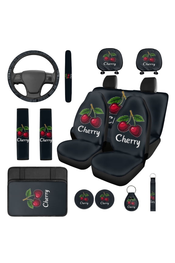 Cherry 14 Pack Car Seat Covers Full Set Steering Wheel Cover Seat Belt Pads Center Console Cover Headrest Covers Coasters Auto Interior Sets Universal Fit for Most Vehicles