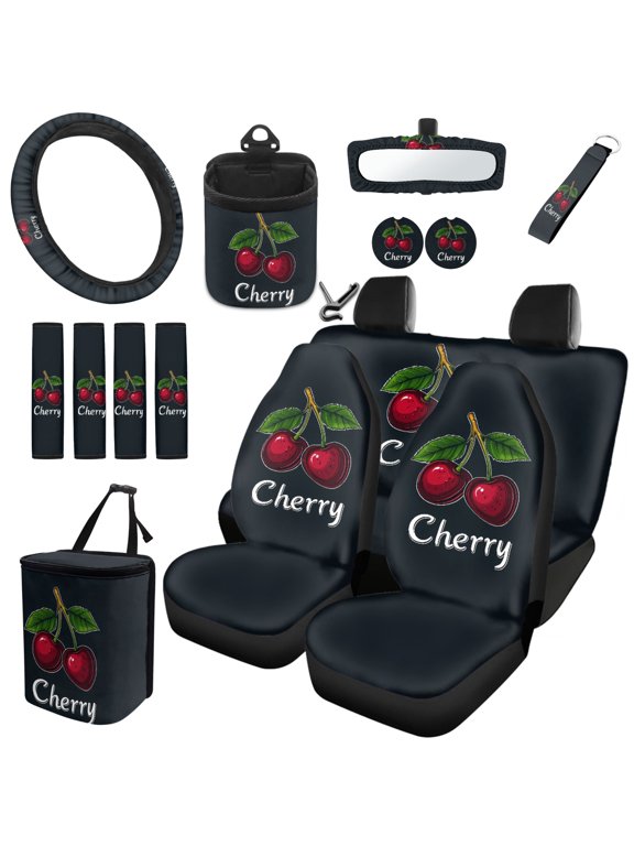 Cherry 15 Pcs Car Seat Covers Full Set with Anti-Skid Steering Wheel Cover Soft Seat Belt Cover Car Trash Can Car Air Vent Storage Bag Car Coaster Keychain