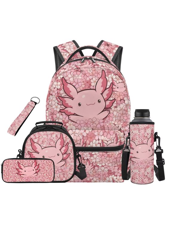 Cherry Blossom Axolotl School Backpack for Girls Age 8-10 with Lunch Bag Pencil Case Water Bottle Holder Keychain Set of 5 Elementary 17 inch Bookbag for Kids 3rd-5th Grade Back to School