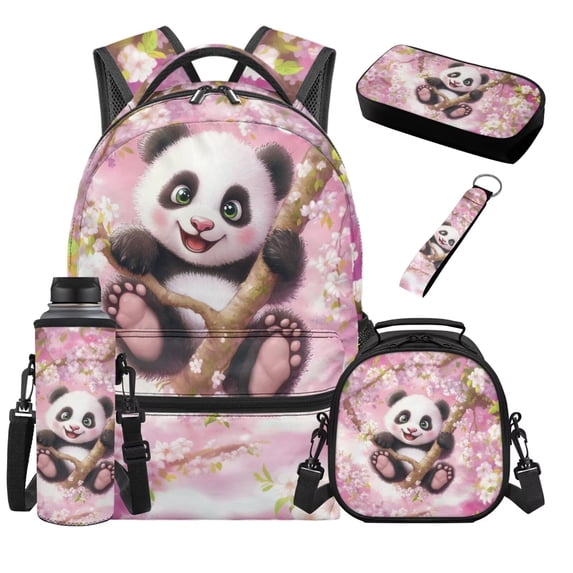 Jeiento Cherry Blossom Panda Backpack Set Girls Lunch Bag Pencil Case Water Bottle Sleeve Keychain 5-Piece 17 inch Lightweight Bookbag for Elementary Middle School 3rd-6th Grade Kids Age 8-10 & 10-12