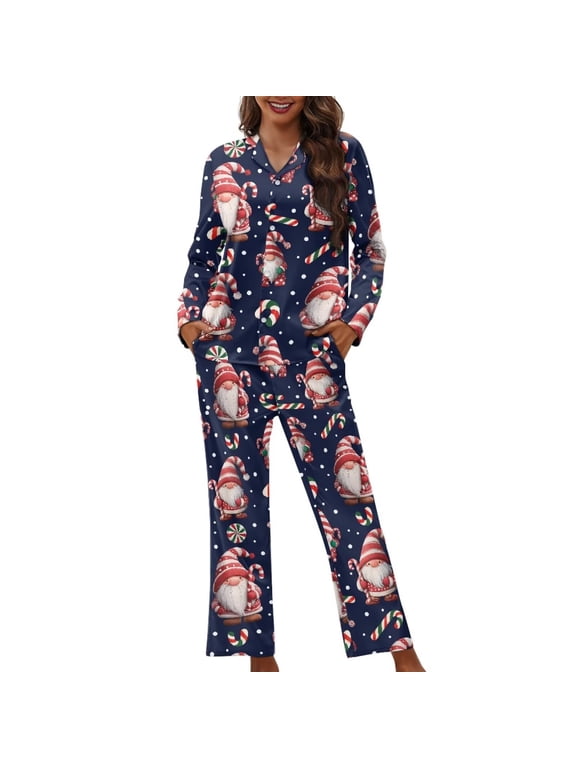 Christmas Dwarf Pajama Sets for Women Long Sleeve Sleepwear 2 Piece Pjs Lounge Sets Classic Button Down Nightwear Soft Comfy Night Sets with Pockets