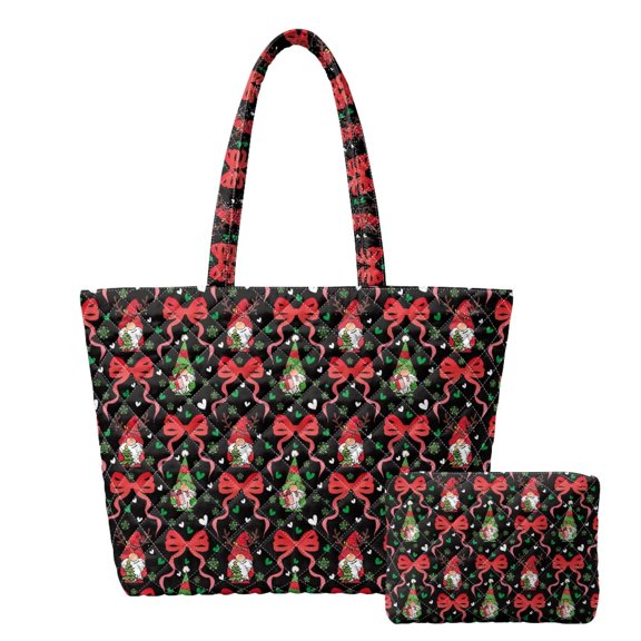 Jeiento Christmas Gnome Bow Print Quilted Tote Bag Set 2Pcs with Matching Cosmetic Pouch Large Capacity Shoulder Handbag for Church Bible Carrying, Holiday Travel, Christmas Gift