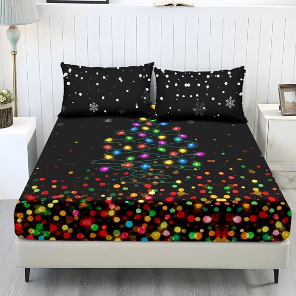 Jeiento Christmas Light Print Bedding Set with 2 Pillow Shams, 3-Piece Deep Pocket Fitted Sheet Set Soft Breathable Bed Cover for Holiday Bedroom, Non-Slip Bottom Sheet, Full Size