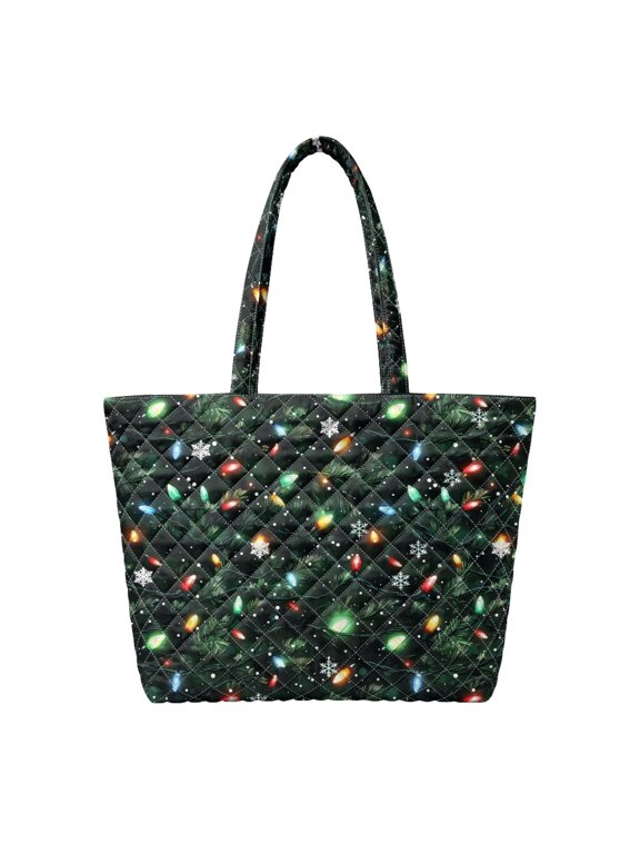 Christmas Light Print Quilted Large Tote Bag for Women Spacious Shoulder Purse Handle Handbag for Holiday Shopping, Work Commute, Winter Travel, Xmas Gift