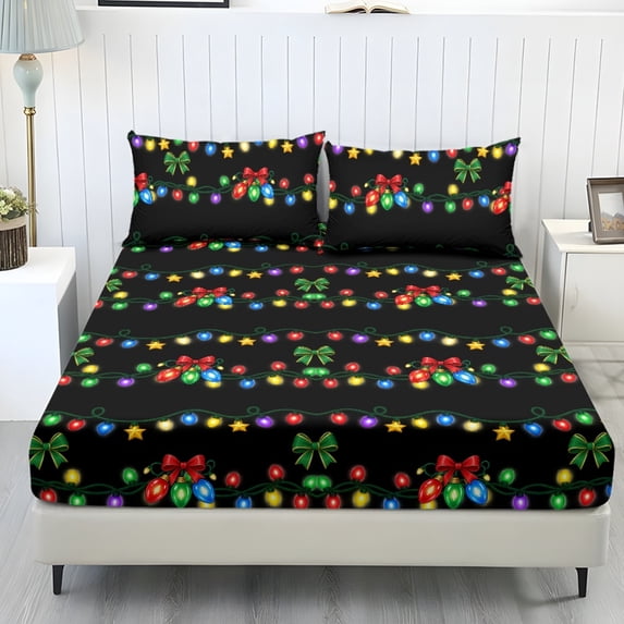 Jeiento Christmas Lights Print 3 Piece Bedding Set, Deep Pocket Bed Fitted Sheet with 2 Matching Pillow Shams, Soft Breathable Bed Cover Set for Holiday Bedroom Decor, Twin Size