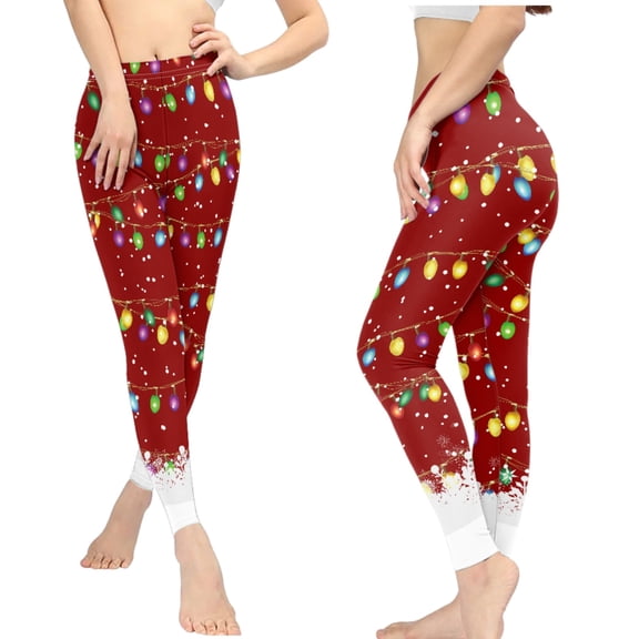 Jeiento Christmas Lights Yoga Leggings Soft Tummy Control High Waisted Workout Yoga Pants Red Athletic Leggings, Size M