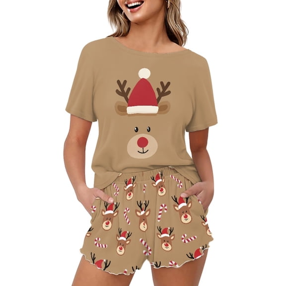 Jeiento Christmas Pajamas for Women Short Sleeve Pajama Sets Soft Pjs Set 2 Piece Short Sleeve Nightwear Set Cute Elk Comfortable Summer Sleepwear Set Xmas Decor, Size S