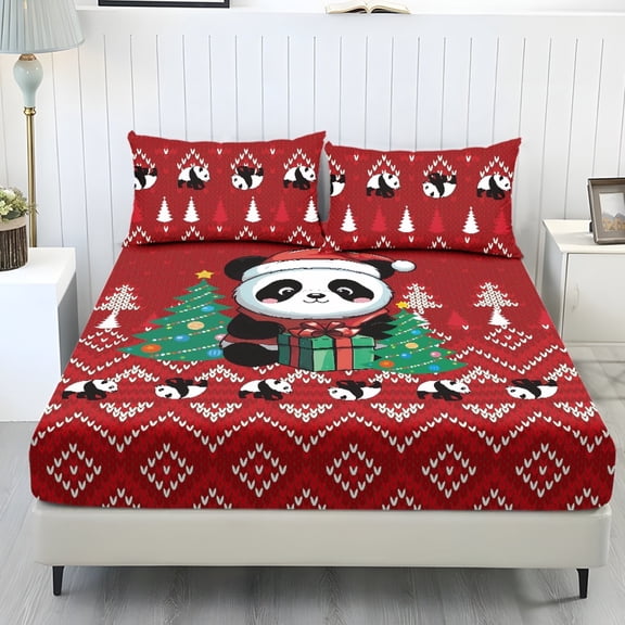 Jeiento Christmas Panda Print 3-Piece Bedding Set, Soft Deep Pocket Fitted Sheet with 2 Pillow Shams, Washable Bed Cover for Bedroom, Cute Festive Bed Linen Collection, Twin Size