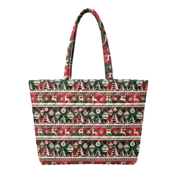 Jeiento Christmas Plaid Reindeer Padded Tote Bag for Women Large Capacity Handle Purse Lightweight Carryall for Holiday Shopping, Work Commute, Weekend Getaway & Festive Gift